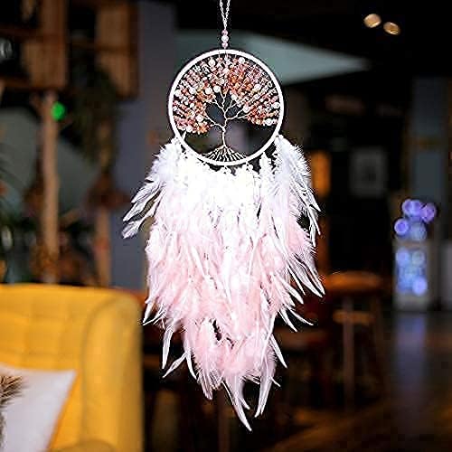 Pretty Jolly Fairy Pink Tree of Life Dream Catcher Wall Decor with Healing Crystal Stone Handmade Feather Dream Catchers Decoration Wall Hanging Bedroom Living Room Wedding Party Home Decor-25.6"