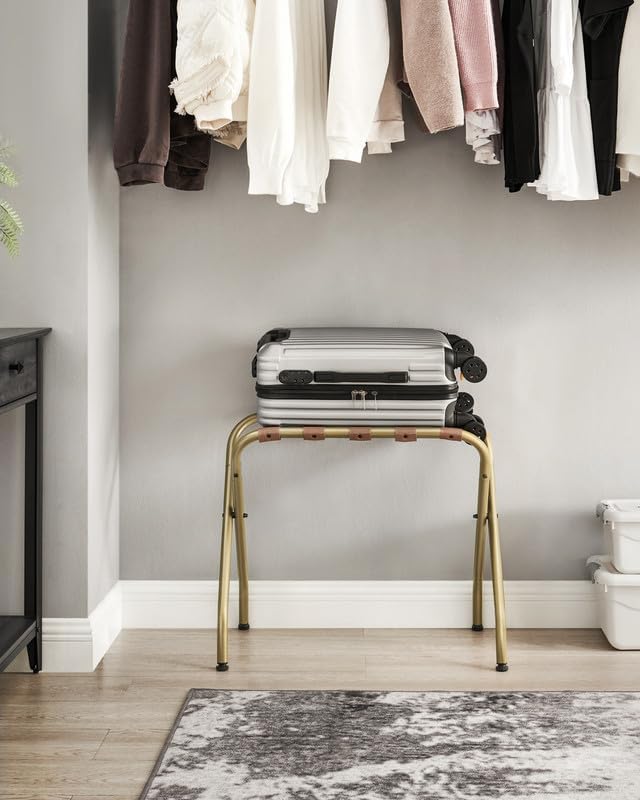 SONGMICS Luggage Rack, Pack of 4, Luggage Racks for Guest Room, Suitcase Stand, Steel Frame, Foldable, for Bedroom, Golden URLR064A04