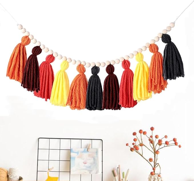 3PCS/Set Boho Tassel Garland,BetterJonny Boho Tassel Garland Wall Hanging Decor Pastel Banner with Wood Beads and 2Pcs Pom Pom Felt Ball for Home and Outdoor Decor