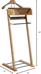Proman Products Newport Suite Men Wooden Valet Stand VL37034 with Top Tray, Contour Hanger, Trouser Bar, and Shoe Rack, 18" W x 16" D x 46" H, Light Walnut