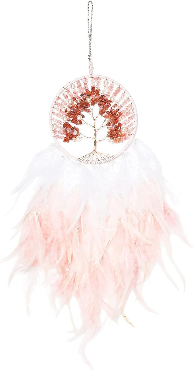 Pretty Jolly Fairy Pink Tree of Life Dream Catcher Wall Decor with Healing Crystal Stone Handmade Feather Dream Catchers Decoration Wall Hanging Bedroom Living Room Wedding Party Home Decor-25.6"