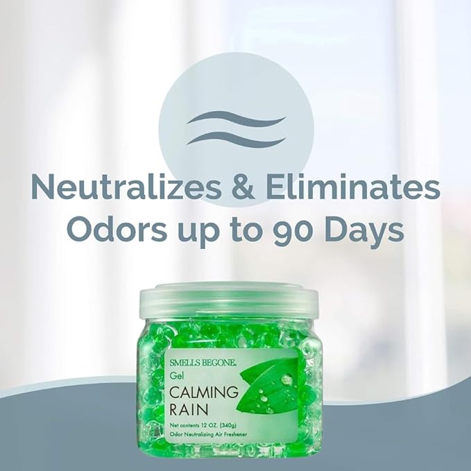 SMELLS BEGONE 12 oz Odor Eliminator Gel - Air Freshener - Absorbs & Eliminates Odor in Bathrooms, Basements, Cars, Boats, RVs & Pet Areas - Made with Essential Oils - Calming Rain Scent