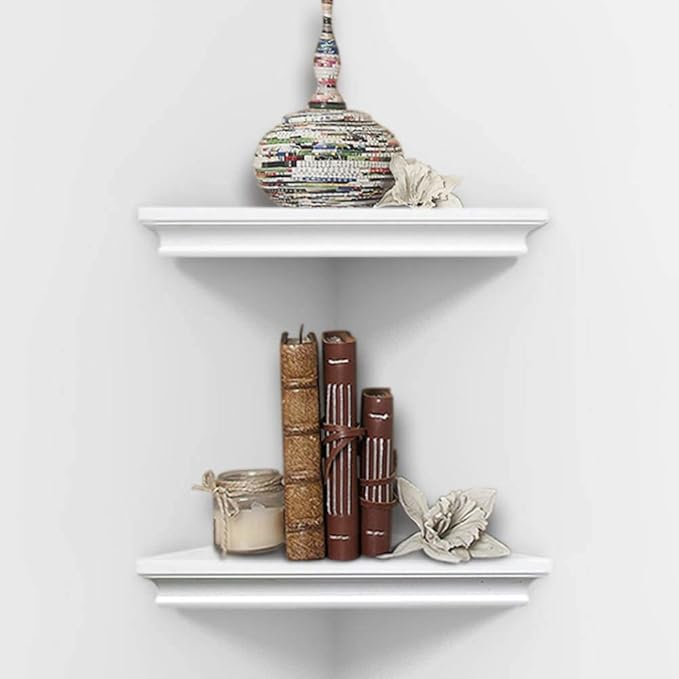 AHDECOR White Corner Shelves, Stylish Wall Mounted Corner Shelf for Space-Saving Storage in Living Room, Bedroom, and Office, Set of 2