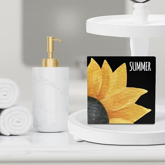 IYEZH Summer Decor Sunshine Wood Box Sign, Sunflower Summer - Rustic Country Wooden Square Sign, 5 x 5 Inches - Desk Decor, Wall Decor, Home, Office, Kitchen, Bathroom