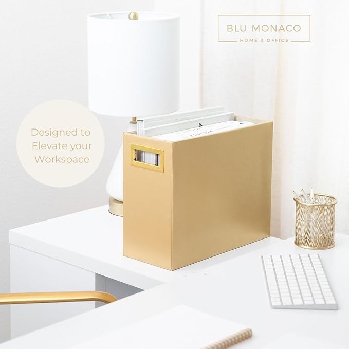 BLU MONACO | Magazine Holder Wooden Gold Basket | Vertical File Organizer for Floor or Bathroom | Narrow Decorative Storage Rack with Handles