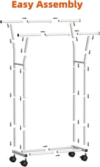 Luxspire Double Rods Clothes Rack for Hanging Clothes, Rolling Clothing Rack with Side Hooks, Bottom Shelves, 360° Wheels, Garment Racks for Bedroom, Laundry, Living Room, White