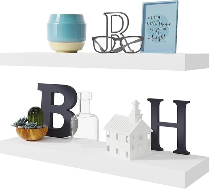 BAMEOS Floating Wall Shelves 24 x 6 Inch – Easy-Install Hanging Shelves with Hardware Included | Modern Decor Shelf for Bathroom, Bedroom & Living Room Storage, Set of 2, White