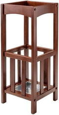Pemberly Row Transitional Solid Wood Umbrella Stand with Tray, Walnut Finish, 26.77 in Height, Single Shelf Storage, Compact Entryway Organization Piece for Hallway or Foyer