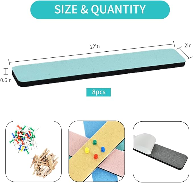 Vuzvuv 8 pcs Bulletin Board Bar Strips with 50 Pushpins & 10 Wooden Clip pins，Self Adhesive Cork Board for Wall，Felt Pin Board for School，Office Decor(Cream Multi-Color)