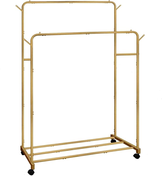 AT-VALY Double Rod Clothing Rack with wheels,Garment Rack for Hanging Clothes,Multi-functional Bedroom Clothes Rack (Gold)