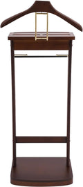Wooden Freestanding Clothes Stand with Sturdy Base, Multi-functional Suit Valet Stand, Coat Rack with Top Drawer, Tie Hangers, and Storage Compartments for Office, Bedroom, Living Room (Walnut Color)