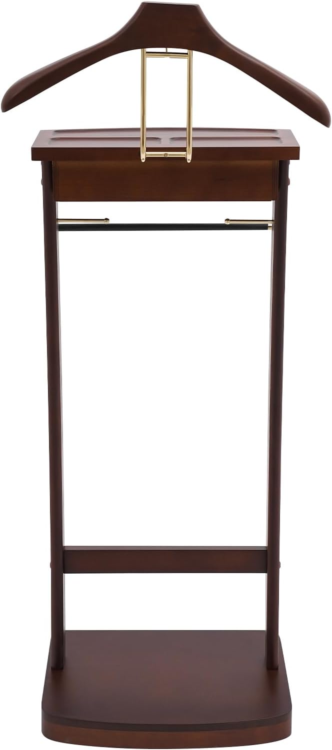 Wooden Freestanding Clothes Stand with Sturdy Base, Multi-functional Suit Valet Stand, Coat Rack with Top Drawer, Tie Hangers, and Storage Compartments for Office, Bedroom, Living Room (Walnut Color)