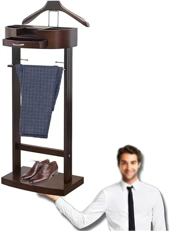 Suit Stands Butler Clothing Racks Wood Suit Valet Stand Clothes Rack with Base Floor Standing Suit Hanger Rack with Drawer, Top Tray,for Office Living Room Bed Room ﻿43X33.5X107CM(White)