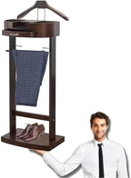 Suit Stands Butler Clothing Racks Wood Suit Valet Stand Clothes Rack with Base Floor Standing Suit Hanger Rack with Drawer, Top Tray,for Office Living Room Bed Room ﻿43X33.5X107CM(White)