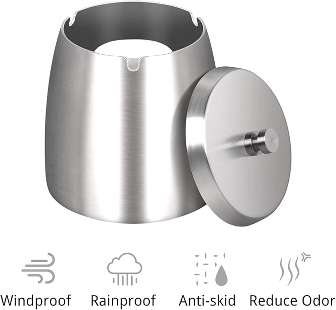 Ash Tray, Large Outdoor Ashtray with Lid, Ashtray for Outside Patio, Stainless Steel Windproof Smokeless Ash Tray for Balcony, Ashtrays for Smokers, Cigar, Home Office Decoration