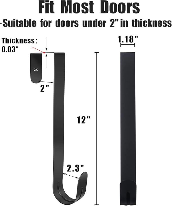 GameXcel 2 Pcs 12" Wreath Hanger for Front Door - Large Wreath Metal Hook for Christmas Wreath Over The Door Hanger - 2 Pcs Black