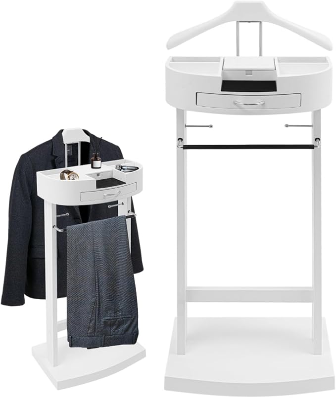 Mens Suit Valet Stand Clothes Valet Stand with Base Vertical Clothes Stand Wooden Hanging Frame w/Handle, 17.32 x 11.81 x 44.09in (White)