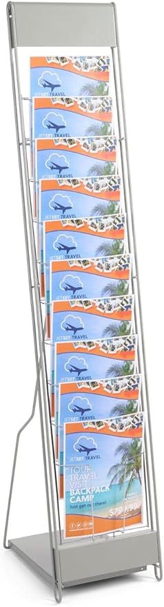 Displays2go Portable Literature Stand with 10 Pockets for 8.5x11 Magazines, Carrying Bag Included, 54" h Floor-Standing Magazine Rack with Tiered Design, Steel (Silver)