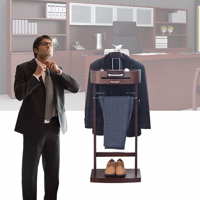 Suit Valet Stand for Men, Freestanding Clothes Valet Stand with Base, Walnut Color