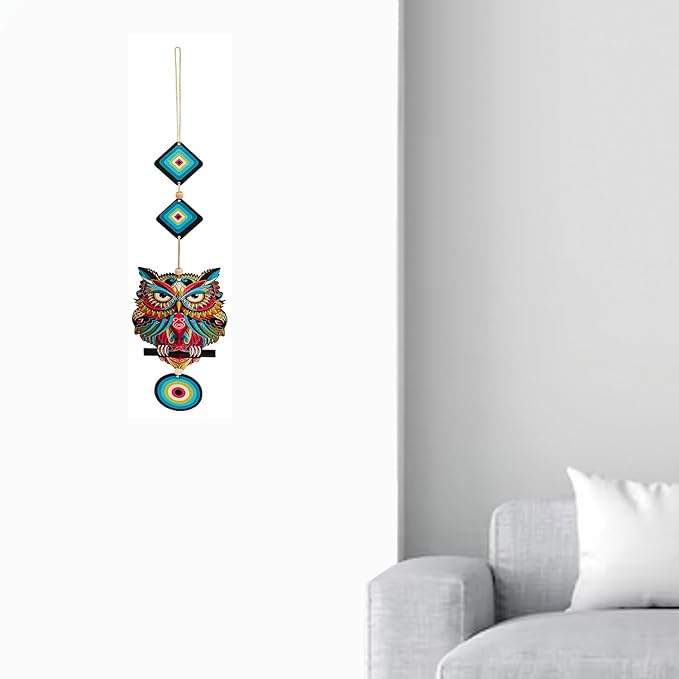 Decorative Bird Mobile Wall Hanging, Colorful Swallow Design with Flowers, Traditional Tattoo Style Art Evil Eye (OWL_Hanging_D_4)