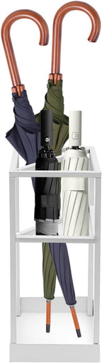 DouSeiAi 20 Inch Geometric Umbrella Stand, Metal Freestanding Umbrella Rack with Shelf, Entryway Organizer with Bottom Drip Tray for Drip Dry, Holds Umbrellas, Canes, Walking Sticks (White)