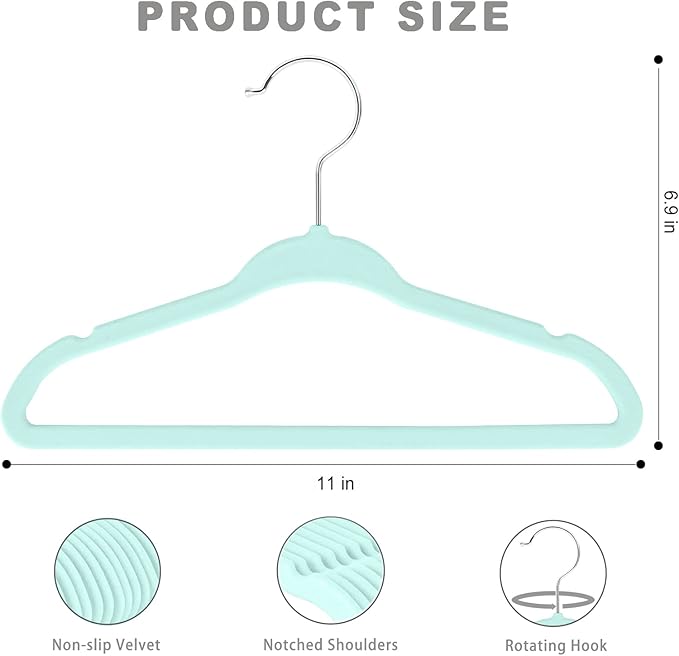 BAGAIL 50 Pack Kids Velvet Hangers 11 Inches Children's Clothes Hangers Non-Slip Baby Hangers for Infant/Toddler (Mint)