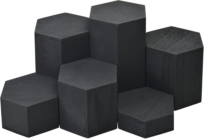 MOOCA Wooden 6 Pcs Hexagon Risers for Display Jewelry and Accessories Display Stand, Wooden Risers For Jewelry Figurine, Black Color