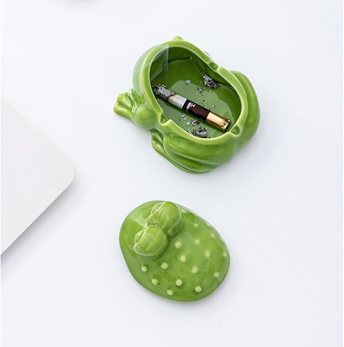 Frog Ashtray with Lid for Cigarette Ceramic Green Windproof Ash Tray for Home Office Tabletop Outside Patio Outdoor