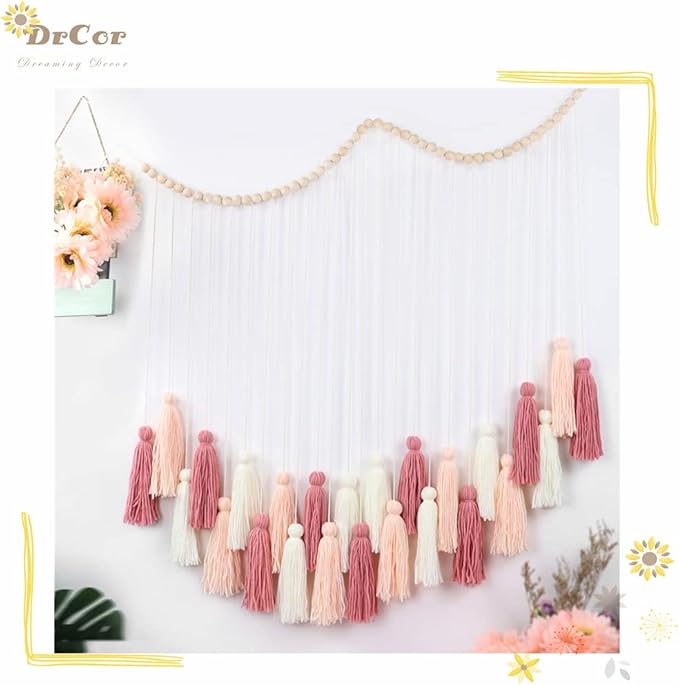 DrCor Blush Pink Boho Macrame Wall Hanging – Handmade Rose Gold Tassel Decor for Nursery, Dorm, Baby Shower, Wedding, Cozy Home or Classroom Display