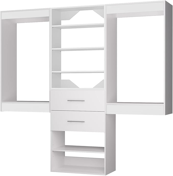 ROOMTEC Modular Closet System, 90" Wall Mounted Closet Organizer with Hanging Rods and Drawers, Wooden Tower for Walk-In Closets, Wardrobe Storage Kit, White