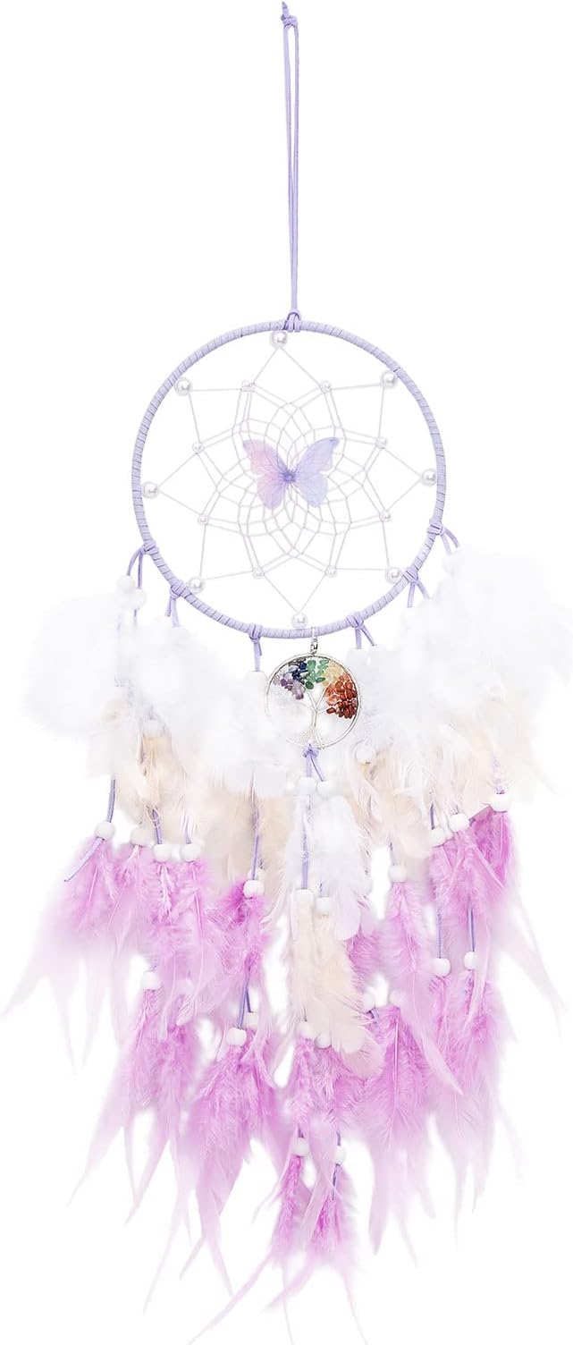Dreamlike Butterfly Tree of Life Dream Catcher Wall Decor Purple Dream Catcher with Crystal Stone Handmade Feather Dreamcatchers Home Decor Wall Hanging for Girls Bedroom Wedding Craft Gift-29.5"