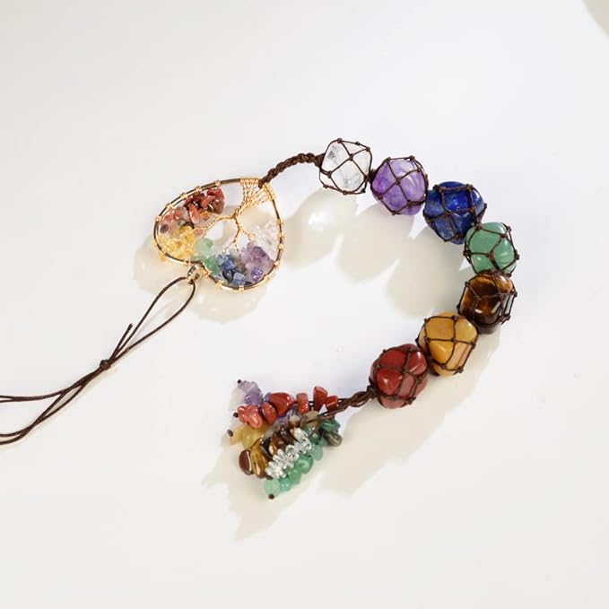 Cute Handmade Crystal Chakra Swinging Hanging Ornaments Mirror Hanging Car Accessories Tree of Life Stone Tree Feng Shui Window Ornament for Home Decor