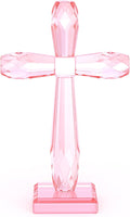 YWHL Handmade Crystal Standing Cross Decor, Religious Gifts for Women Men, Holy Cross for Easter Pary, Art Collectible Figurines for Home Table (Pink)