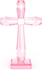 YWHL Handmade Crystal Standing Cross Decor, Religious Gifts for Women Men, Holy Cross for Easter Pary, Art Collectible Figurines for Home Table (Pink)
