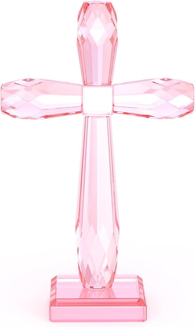 YWHL Handmade Crystal Standing Cross Decor, Religious Gifts for Women Men, Holy Cross for Easter Pary, Art Collectible Figurines for Home Table (Pink)