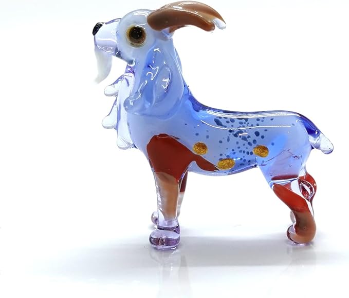 Goat Micro Tiny Figurines Hand Blown Glass Art Animals Collectible Gift Home Décor (Blue Brown)