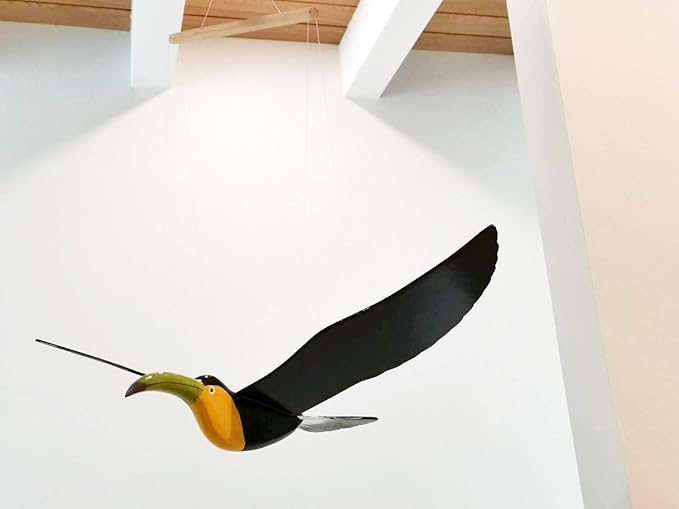WitnyStore 24" Black Green Yellow Toucan Wooden Flying Bird Mobile Kinetic Hanging Sculpture for Adult Collectors Handcrafted Room Decoration Display Art Dynamic Overhead Ornament