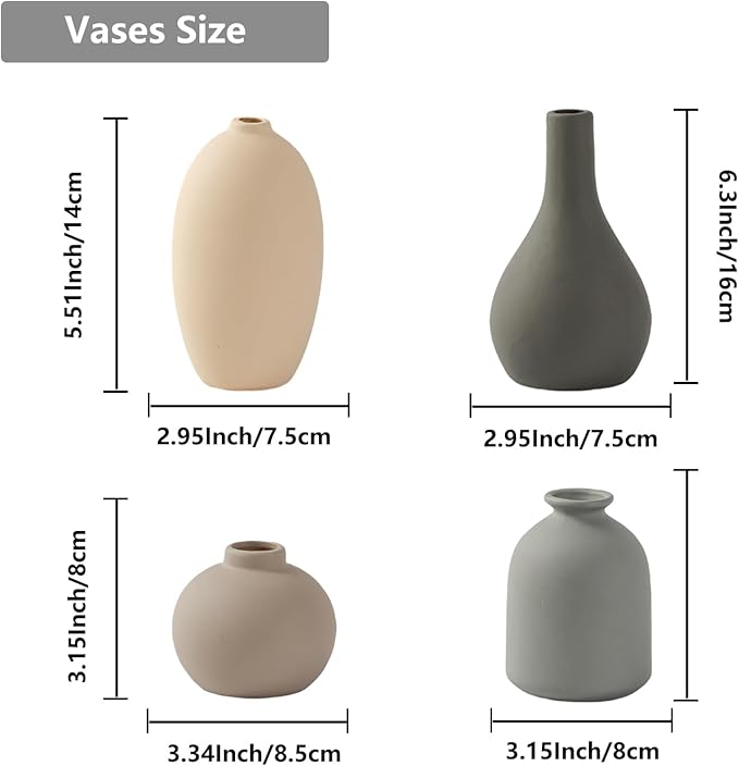 Ceramic Vase Set of 4 Small Vases Home Decor Modern Rustic Farmhouse Pottery Decorative Flower Vases for Pampas Grass Dried Fresh Flowers, Living Room, Bedroom, Table Centerpiece, Mantel, Shelf