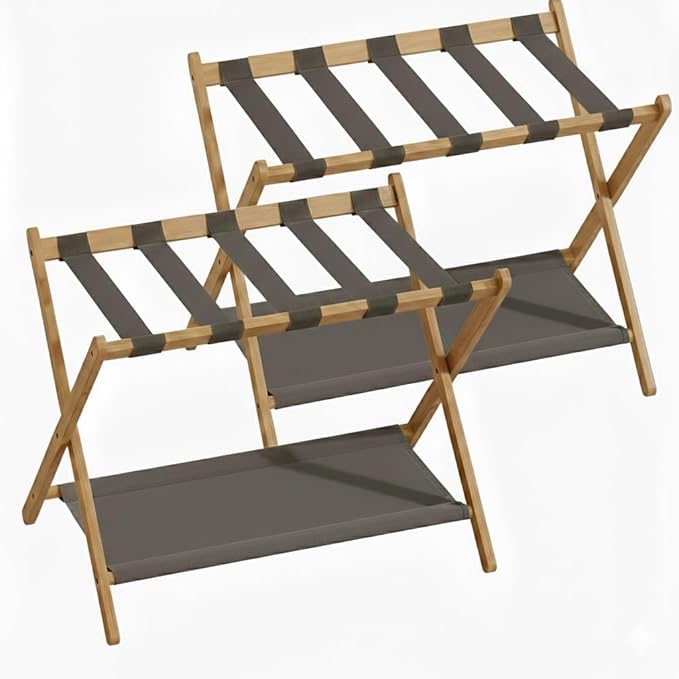 2 Pack Bamboo Luggage Rack for Guest Room, 26.77" Folding Wide Suitcase Stand with Fabric Storage Shelf, Thickened Luggage Stand Holder for Bedroom Hotel, Luggage Rack for Suitcases (2 Pack - Tea brown)