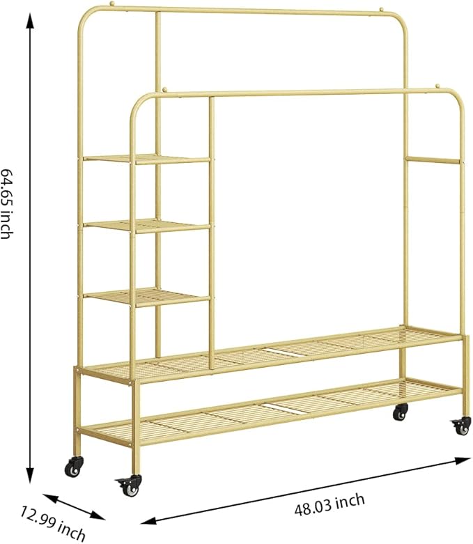 SUOERNUO Garment Rack for Hanging Clothes Rack Heavy Duty Portable with Bottom Metal Shelf Drying Coats Shirt,Black (Gold+Double Rods+Shelf)