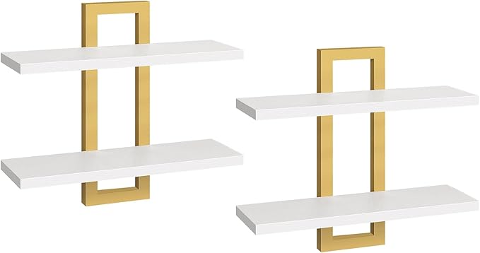 HOOBRO Floating Shelves, 15 Inch Wall Shelf Set of 2, Wall Mounted Storage Shelves 2-Tier, Hanging Bathroom Shelves, for Living Room, Bedroom, Bathroom, Kitchen, White and Gold DW32BJ01