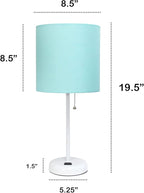 Oslo 19.5" Contemporary Bedside Power Outlet Base Standard Metal Table Desk Lamp in White with Aqua Drum Fabric Shade