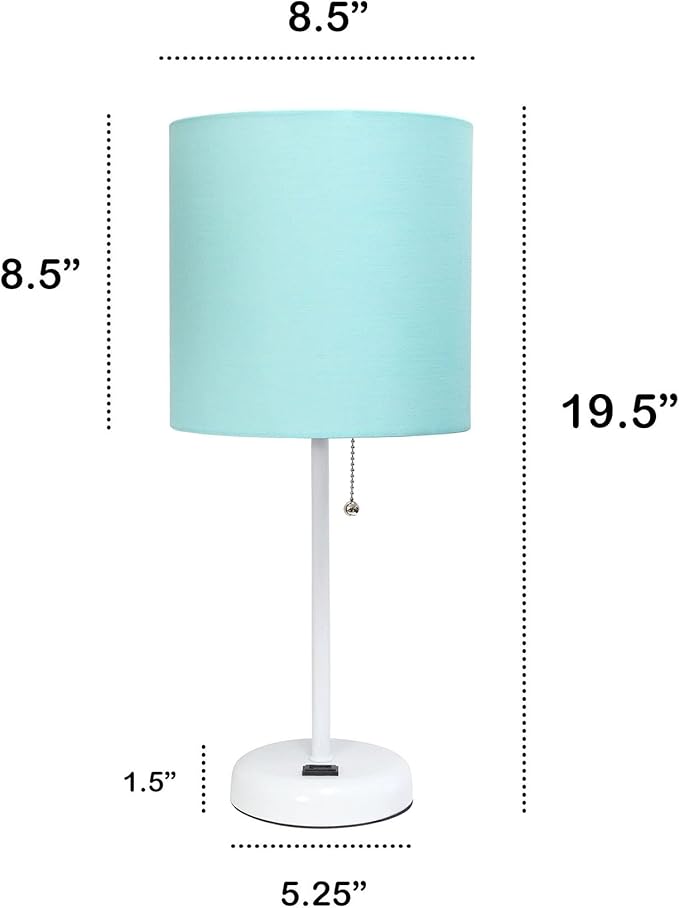 Oslo 19.5" Contemporary Bedside Power Outlet Base Standard Metal Table Desk Lamp in White with Aqua Drum Fabric Shade