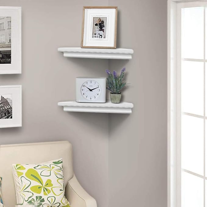 AHDECOR White Corner Shelves, Stylish Wall Mounted Corner Shelf for Space-Saving Storage in Living Room, Bedroom, and Office, Set of 2