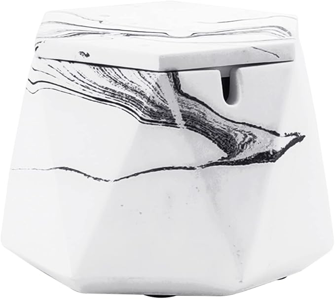 FREELOVE Concrete Ashtray with Lid & Stainless Steel Ashtrays for Cigarettes, Cement Ash Tray Smoking Holder Indoor Smokeless Outdoor Windproof Patio Home Office Cool Decor(White Marble, Large)