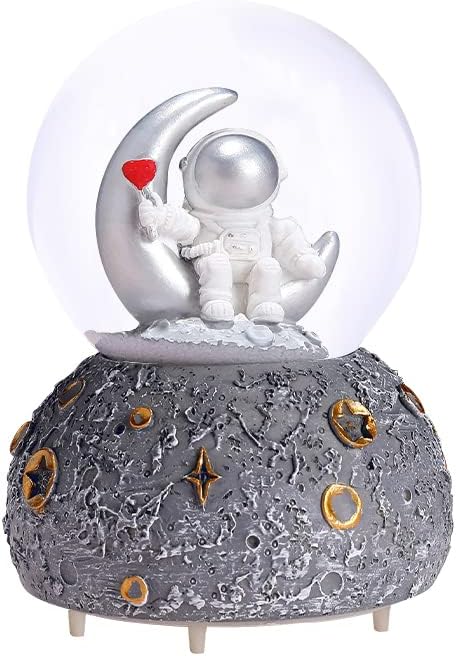 Astronaut Snow Globe Music Box, 80MM Musical Glitter Snow Globe with Color Changing LED Lights, Home Decor Birthday Gifts for Men Women Boys and Girls (Silver)
