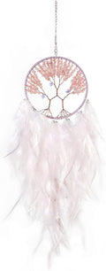 Pretty Jolly Double Tree of Life Dream Catcher Wall Decor with Healing Crystal Stone Handmade White Light Pink Feather Dream Catchers Decoration Wall Hanging Bedroom Wedding Party Blessing Gift-25.6"