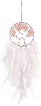 Pretty Jolly Double Tree of Life Dream Catcher Wall Decor with Healing Crystal Stone Handmade White Light Pink Feather Dream Catchers Decoration Wall Hanging Bedroom Wedding Party Blessing Gift-25.6"