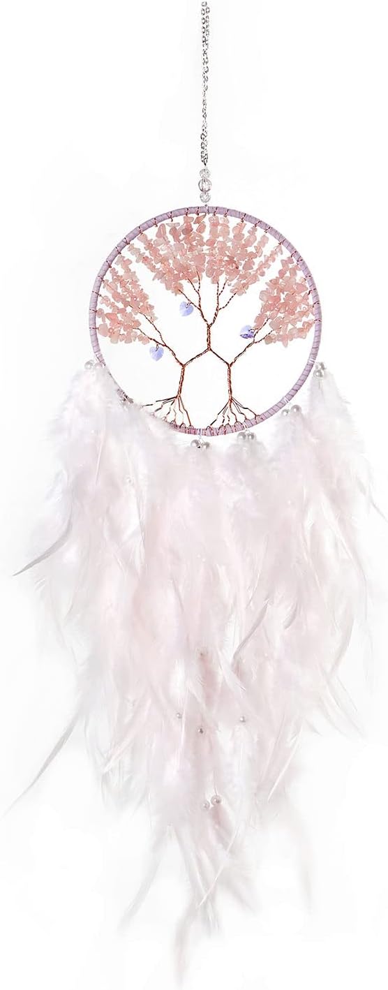 Pretty Jolly Double Tree of Life Dream Catcher Wall Decor with Healing Crystal Stone Handmade White Light Pink Feather Dream Catchers Decoration Wall Hanging Bedroom Wedding Party Blessing Gift-25.6"