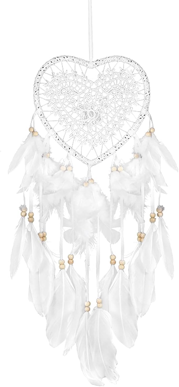 Dream Catcher,Lovely Heart Shape Dreamcatcher Handmade Lace Dream Catcher Feather Bead Wall Hanging Boho Woven Art Ornament Gift Craft Dreamcatcher Wind Chimes for Home Children Bedroom Decor (White)